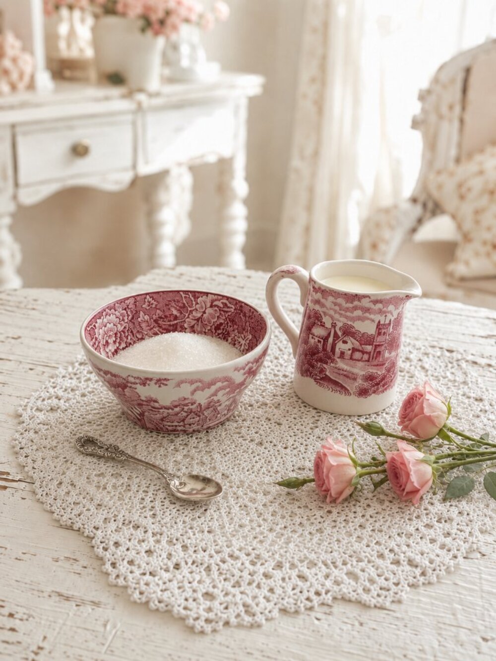 Vintage Enoch Woods and Sons Pink English Scenery Creamer and Sugar Bowl